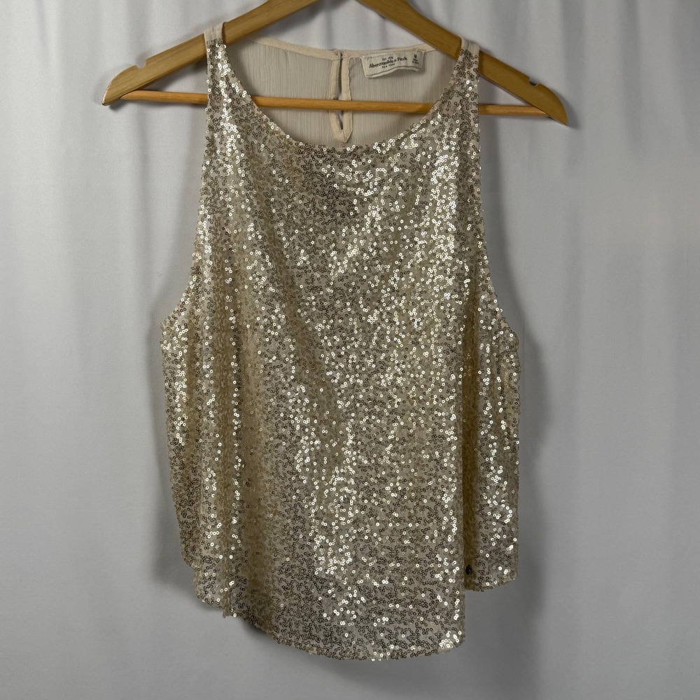 Abercrombie‎ & Fitch Sequin Chiffon Sheer Tank Top Keyhole Neck Gold Womens M